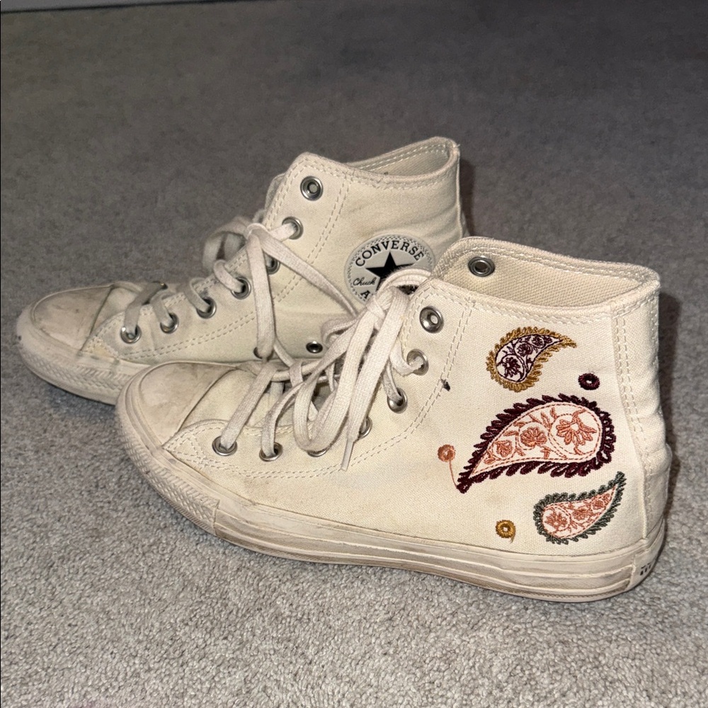 Converse White High-Top Sneakers with Multicolor Paisley Embroidery